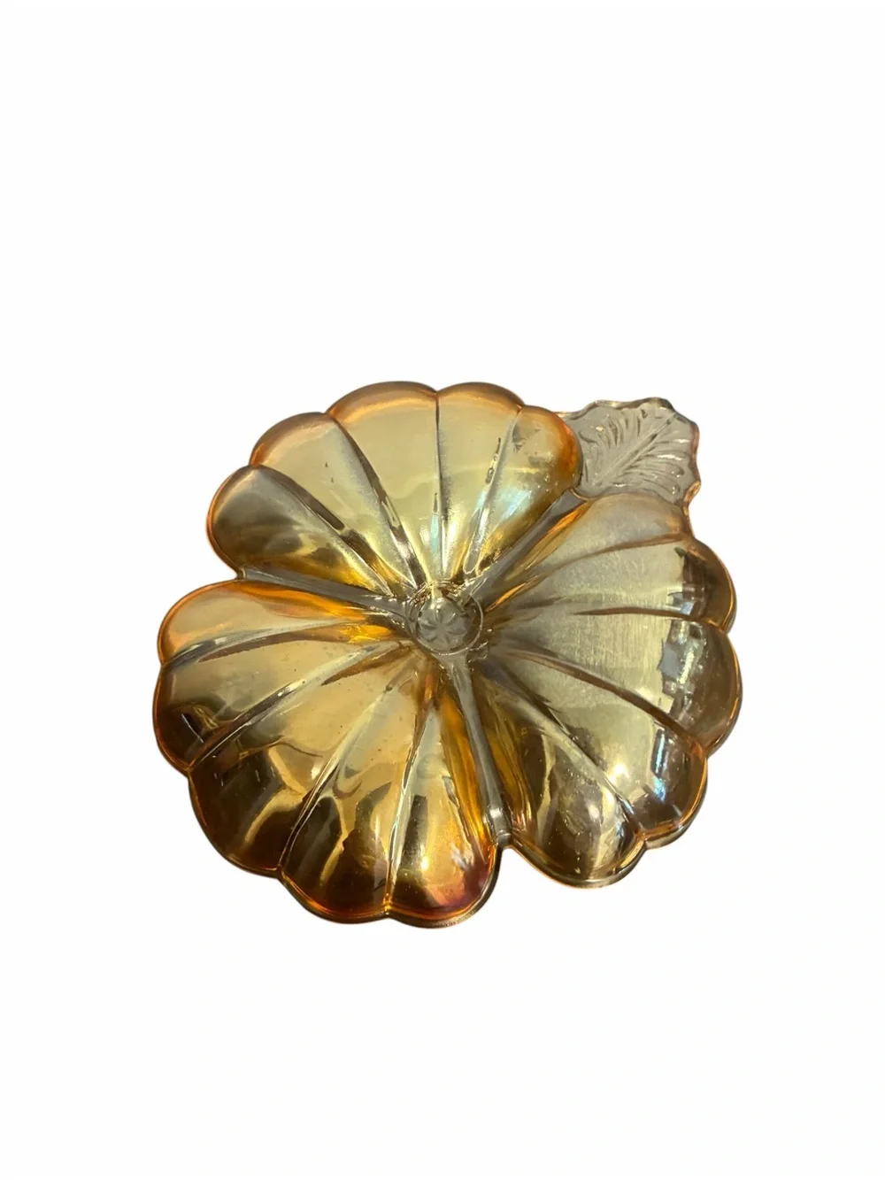 Vintage Marigold Carnival Glass 3 Section Clover Candy Dish Leaf Handle Amber
